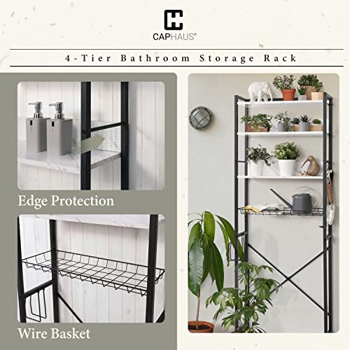 CAPHAUS Over The Toilet Storage, 4-Tier Bathroom Organizer, Freestanding Toilet Shelf, Multifunctional Space Saver Toilet Rack with 4 Hooks, Laundry Organizer, Plant Stand for Balcony (Marble White)