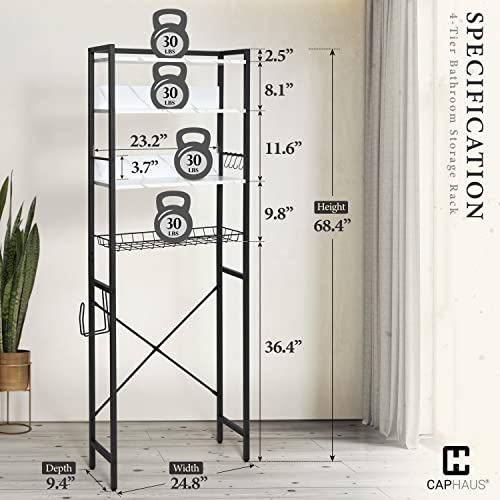 CAPHAUS Over The Toilet Storage, 4-Tier Bathroom Organizer, Freestanding Toilet Shelf, Multifunctional Space Saver Toilet Rack with 4 Hooks, Laundry Organizer, Plant Stand for Balcony (Marble White)