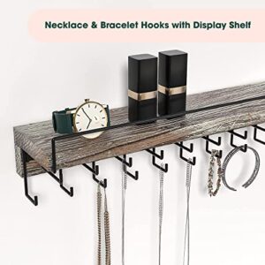 J JACKCUBE DESIGN Wall Mount Necklace Holder Jewelry Hanger with 23 Hook Necklace & Bracelet Racks, Rustic Farmhouse Wood Earring Display with Clear Acrylic - MK585A
