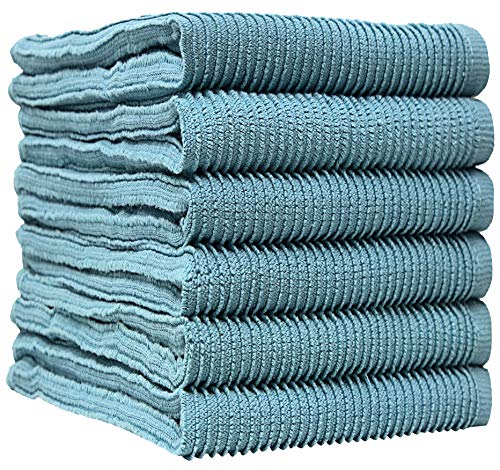 Premium Kitchen Towels - Large Cotton Kitchen Hand Towels - 6 Pack - Ribbed Design (16" x 26") - 340 GSM Highly Absorbent Tea Towels Set with Hanging Loop (Aqua)