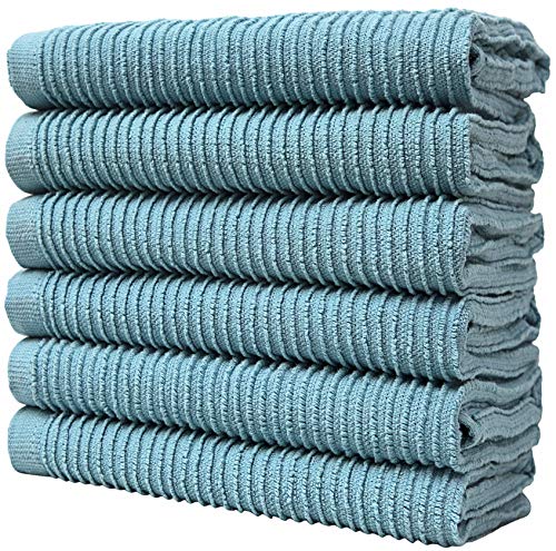 Premium Kitchen Towels - Large Cotton Kitchen Hand Towels - 6 Pack - Ribbed Design (16" x 26") - 340 GSM Highly Absorbent Tea Towels Set with Hanging Loop (Aqua)