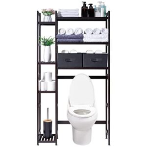 homde over the toilet storage with basket and drawer, bamboo bathroom organizer with adjustable shelf & waterproof feet pad, space saver storage rack for bathroom, restroom, laundry, brown