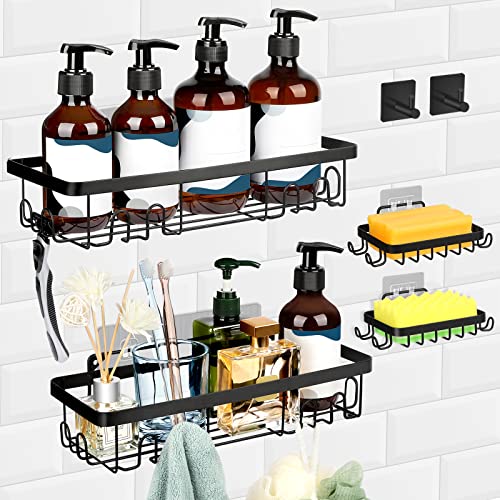 MIBOTE 6-Pack Shower Caddy Basket Shelf with 2 Soap Holder,Towel Hooks, No Drilling Traceless Adhesive Shower Wall Shelves, Rustproof Black Bathroom Shower Storage Organizer