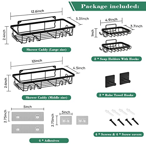 MIBOTE 6-Pack Shower Caddy Basket Shelf with 2 Soap Holder,Towel Hooks, No Drilling Traceless Adhesive Shower Wall Shelves, Rustproof Black Bathroom Shower Storage Organizer