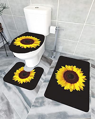 Apular Fashion 3 Piece Bath Rugs Set Farmhouse Yellow Sunflower Non Slip Ultra Soft Bathroom Accessories Mats, U Shape Mat and Toilet Lid Cover Mat Bath Mats
