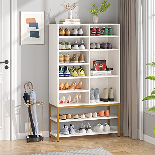 Tribesigns Shoe Storage Cabinet Freestanding Shoe Rack Organizer with 10 Adjustable Compartments, Modern 28 Pairs Wood Shoe Cabinet with Storage Shelf, for Entryway, Bedroom, White and Gold