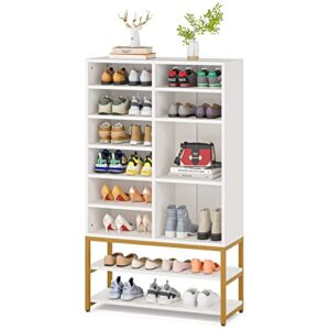 Tribesigns Shoe Storage Cabinet Freestanding Shoe Rack Organizer with 10 Adjustable Compartments, Modern 28 Pairs Wood Shoe Cabinet with Storage Shelf, for Entryway, Bedroom, White and Gold