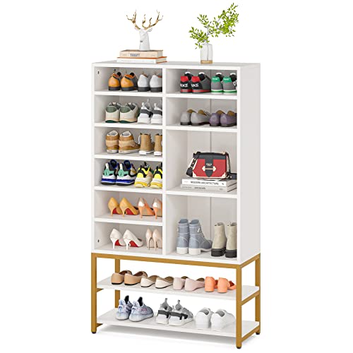 Tribesigns Shoe Storage Cabinet Freestanding Shoe Rack Organizer with 10 Adjustable Compartments, Modern 28 Pairs Wood Shoe Cabinet with Storage Shelf, for Entryway, Bedroom, White and Gold