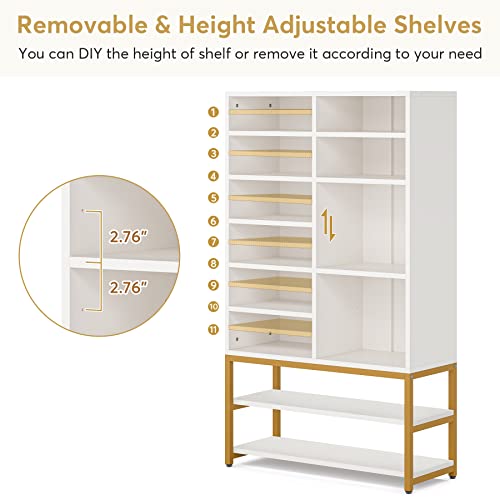 Tribesigns Shoe Storage Cabinet Freestanding Shoe Rack Organizer with 10 Adjustable Compartments, Modern 28 Pairs Wood Shoe Cabinet with Storage Shelf, for Entryway, Bedroom, White and Gold