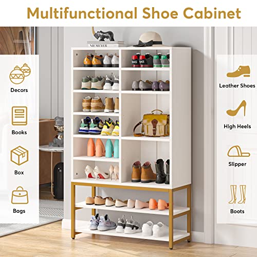 Tribesigns Shoe Storage Cabinet Freestanding Shoe Rack Organizer with 10 Adjustable Compartments, Modern 28 Pairs Wood Shoe Cabinet with Storage Shelf, for Entryway, Bedroom, White and Gold