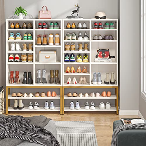 Tribesigns Shoe Storage Cabinet Freestanding Shoe Rack Organizer with 10 Adjustable Compartments, Modern 28 Pairs Wood Shoe Cabinet with Storage Shelf, for Entryway, Bedroom, White and Gold