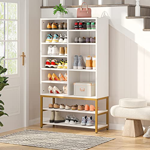 Tribesigns Shoe Storage Cabinet Freestanding Shoe Rack Organizer with 10 Adjustable Compartments, Modern 28 Pairs Wood Shoe Cabinet with Storage Shelf, for Entryway, Bedroom, White and Gold