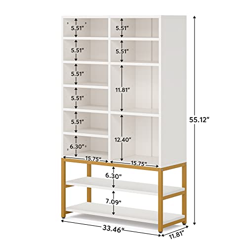 Tribesigns Shoe Storage Cabinet Freestanding Shoe Rack Organizer with 10 Adjustable Compartments, Modern 28 Pairs Wood Shoe Cabinet with Storage Shelf, for Entryway, Bedroom, White and Gold