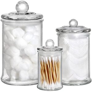 suwimut set of 3 glass apothecary jars with lids, bathroom vanity storage organizer clear apothecary jars qtip holder canister set for cotton swabs, cotton balls, makeup sponges, bath salts, mason jar bathroom accessories set