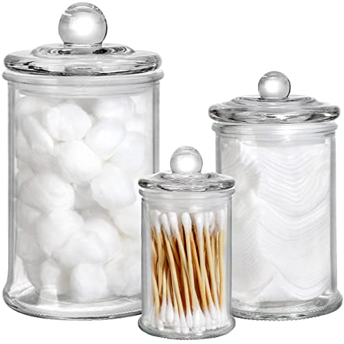 Suwimut Set of 3 Glass Apothecary Jars with Lids, Bathroom Vanity Storage Organizer Clear Apothecary Jars Qtip Holder Canister Set for Cotton Swabs, Cotton Balls, Makeup Sponges, Bath Salts, Mason Jar Bathroom Accessories Set