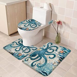 savannan octopus 3 piece bathroom rugs set, underwater world retro watercolor seaweed blue absorbent soft bath mat & small:18inchx30inch+14inchx18inch+15inchx18inch
