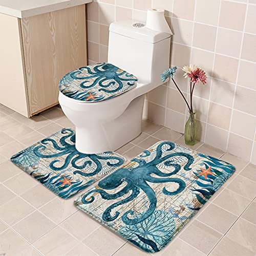 Savannan Octopus 3 Piece Bathroom Rugs Set, Underwater World Retro Watercolor Seaweed Blue Absorbent Soft Bath Mat & Small:18inchx30inch+14inchx18inch+15inchx18inch