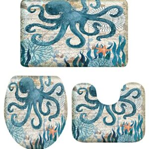 Savannan Octopus 3 Piece Bathroom Rugs Set, Underwater World Retro Watercolor Seaweed Blue Absorbent Soft Bath Mat & Small:18inchx30inch+14inchx18inch+15inchx18inch