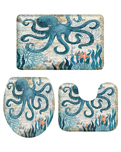 Savannan Octopus 3 Piece Bathroom Rugs Set, Underwater World Retro Watercolor Seaweed Blue Absorbent Soft Bath Mat & Small:18inchx30inch+14inchx18inch+15inchx18inch