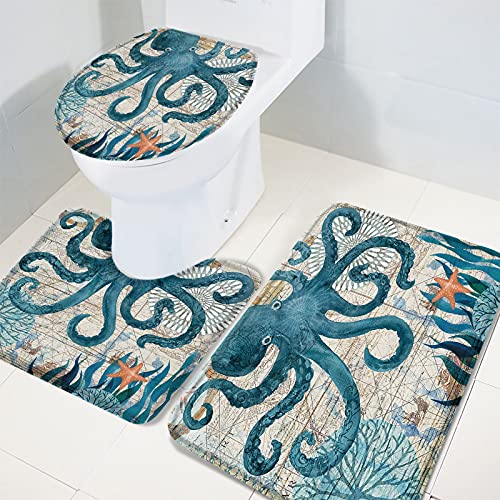 Savannan Octopus 3 Piece Bathroom Rugs Set, Underwater World Retro Watercolor Seaweed Blue Absorbent Soft Bath Mat & Small:18inchx30inch+14inchx18inch+15inchx18inch