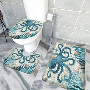 Savannan Octopus 3 Piece Bathroom Rugs Set, Underwater World Retro Watercolor Seaweed Blue Absorbent Soft Bath Mat & Small:18inchx30inch+14inchx18inch+15inchx18inch