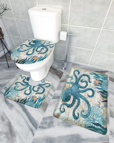 Savannan Octopus 3 Piece Bathroom Rugs Set, Underwater World Retro Watercolor Seaweed Blue Absorbent Soft Bath Mat & Small:18inchx30inch+14inchx18inch+15inchx18inch