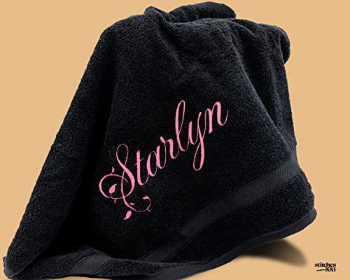 Stitches XXI Personalized Bath Towel. Luxury Embroidered Custom Bathroom Towel 100% Cotton Black 30x54 inches