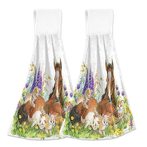 Horse Kitten Lavender Kitchen Hanging Towel 12 x 17 Inch Cat Flowers Hand Tie Towels Set 2 Pcs Tea Bar Dish Cloths Dry Towel Soft Absorbent Durable for Bathroom Laundry Room Decor