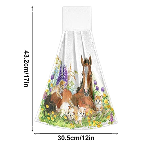 Horse Kitten Lavender Kitchen Hanging Towel 12 x 17 Inch Cat Flowers Hand Tie Towels Set 2 Pcs Tea Bar Dish Cloths Dry Towel Soft Absorbent Durable for Bathroom Laundry Room Decor