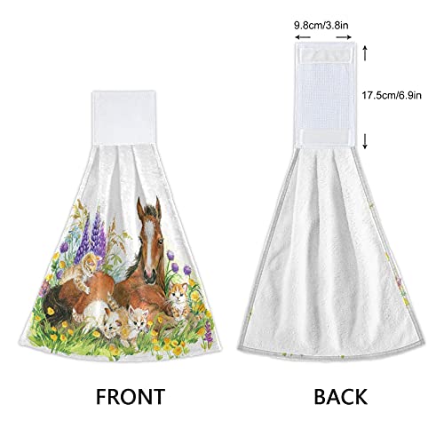 Horse Kitten Lavender Kitchen Hanging Towel 12 x 17 Inch Cat Flowers Hand Tie Towels Set 2 Pcs Tea Bar Dish Cloths Dry Towel Soft Absorbent Durable for Bathroom Laundry Room Decor