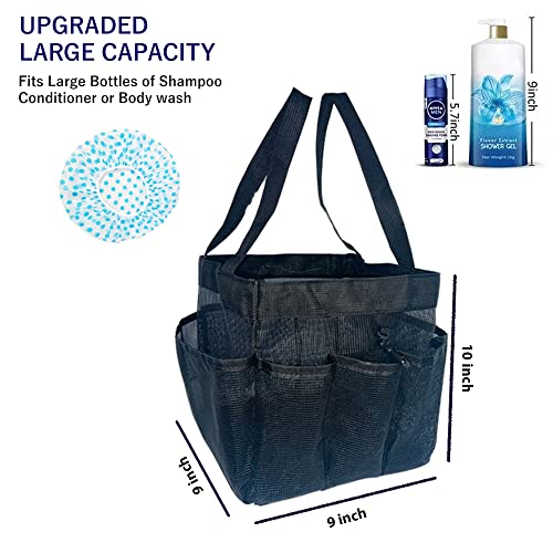 Mesh Shower Caddy Portable for College Dorm – Quick Dry Hanging Shower Bag for Bathroom, Beach, Swimming & Gym – Shower Tote Double Handles with Oxford Base, 8-Pockets & 2 key Chain Holder –Shower Cap