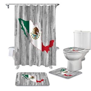 bestlives 4 pcs shower curtain sets with rugs mexican flag non-slip soft toilet lid cover for bathroom mexico map eagle totem wood grain bathroom sets with bath mat and 12 hooks