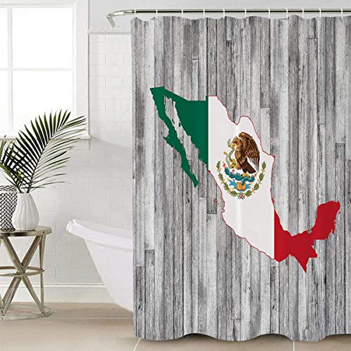 BestLives 4 Pcs Shower Curtain Sets with Rugs Mexican Flag Non-Slip Soft Toilet Lid Cover for Bathroom Mexico Map Eagle Totem Wood Grain Bathroom Sets with Bath Mat and 12 Hooks