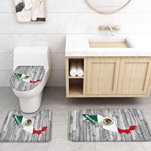 BestLives 4 Pcs Shower Curtain Sets with Rugs Mexican Flag Non-Slip Soft Toilet Lid Cover for Bathroom Mexico Map Eagle Totem Wood Grain Bathroom Sets with Bath Mat and 12 Hooks