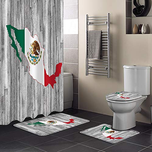 BestLives 4 Pcs Shower Curtain Sets with Rugs Mexican Flag Non-Slip Soft Toilet Lid Cover for Bathroom Mexico Map Eagle Totem Wood Grain Bathroom Sets with Bath Mat and 12 Hooks