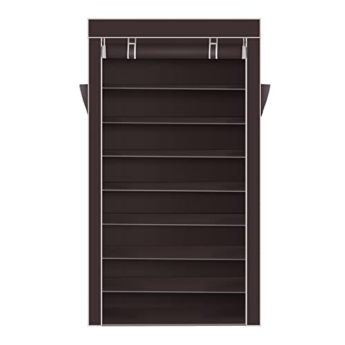 HGPZ 10 Tiers Shoe Rack with Dustproof Cover Closet Shoe Storage Cabinet Organizer, Portable Shoe Rack， for cubby walk-in closet, Dark Brown