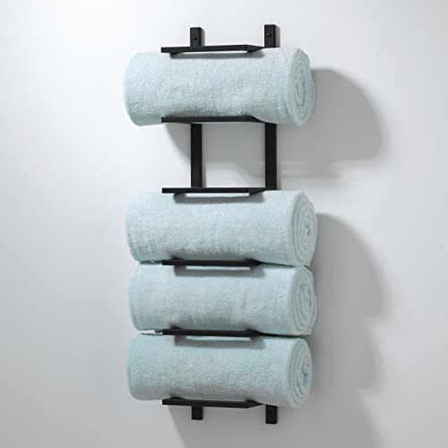 mDesign Modern Decorative Metal 5-Level Wall Mount Towel Rack Holder and Organizer for Storage of Bathroom Towels - Matte Black