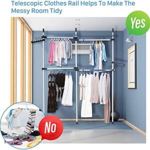 GOTOTOP Telescopic Garment Rack,Adjustable Clothing Rack, Double 2 Tier Heavy Duty Hang Clothes Rack,Closet Organizer, Freestanding Ceiling Hanging Closet Display Stand,No Drilling, No Tools Needed