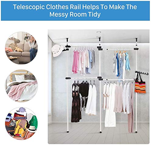 GOTOTOP Telescopic Garment Rack,Adjustable Clothing Rack, Double 2 Tier Heavy Duty Hang Clothes Rack,Closet Organizer, Freestanding Ceiling Hanging Closet Display Stand,No Drilling, No Tools Needed
