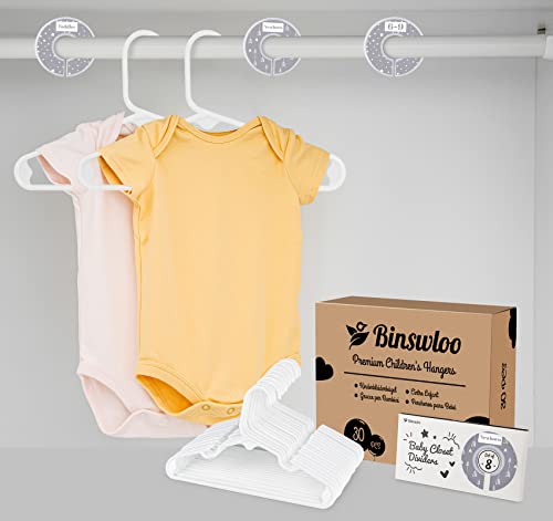 Binswloo Baby Hangers for Nursery, 30Pcs Plastic Kids Hangers, Small Children's Clothes Hangers with 8Pcs Baby Closet Dividers, Great as Infant & Toddler Hangers, 11.4 Inch, White