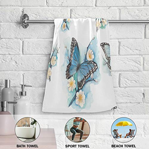 DOMIKING Decorative Hand Towels for Bathroom - Blue Butterfly Cotton Guest Towel Set of 2 Absorbent Washcloths for Hotel Gym Sports Bathroom