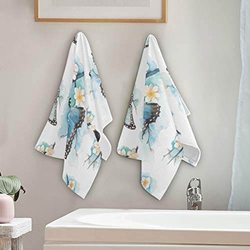 DOMIKING Decorative Hand Towels for Bathroom - Blue Butterfly Cotton Guest Towel Set of 2 Absorbent Washcloths for Hotel Gym Sports Bathroom