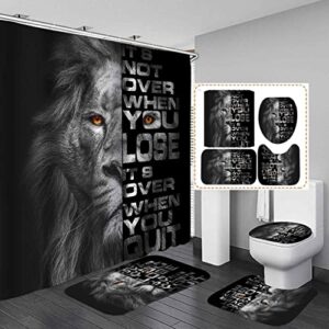 dia magico 4pcs lion shower curtain set, inspirational quotes majestic lion king african wildlife safari wild animal cool men bathroom decor, waterproof fabric black shower curtain, non-slip bath mat