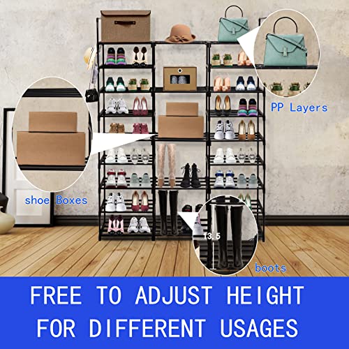 HOSTARME 9 Tiers Shoe Rack for Closet Entryway, Free Standing Racks Shelf Large Storge Organizer 50-55 Pairs and Boots with Versatile Hooks Hammer Bedroom Hallway, Black