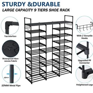 HOSTARME 9 Tiers Shoe Rack for Closet Entryway, Free Standing Racks Shelf Large Storge Organizer 50-55 Pairs and Boots with Versatile Hooks Hammer Bedroom Hallway, Black