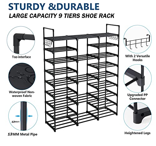 HOSTARME 9 Tiers Shoe Rack for Closet Entryway, Free Standing Racks Shelf Large Storge Organizer 50-55 Pairs and Boots with Versatile Hooks Hammer Bedroom Hallway, Black