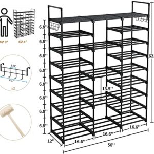 HOSTARME 9 Tiers Shoe Rack for Closet Entryway, Free Standing Racks Shelf Large Storge Organizer 50-55 Pairs and Boots with Versatile Hooks Hammer Bedroom Hallway, Black