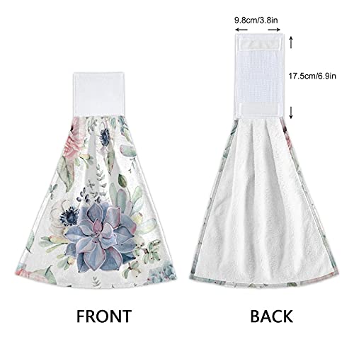 SLHKPNS Succulents Plant Kitchen Hanging Hand Towels,Watercolor Floral Absorbent Tie Towel with Loop 2 PCS Kitchen Linen Sets for Bathroom Restroom Home Decor