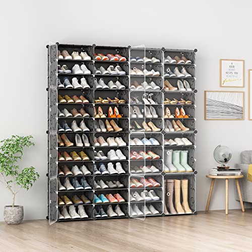 Aeitc Shoe Rack 12 Tiers Shoe Organizer Narrow Standing Stackable Shoe Storage Cabinet for Closet，black with doors,96 pairs