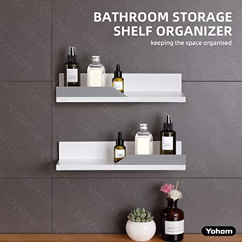 YOHOM White Adhesive Floating Shelf for Bathroom Tile Wall Stick on Shower Shelf Rack No Drilling Plastic Lightweight Shelf Organizer with Gray Guard